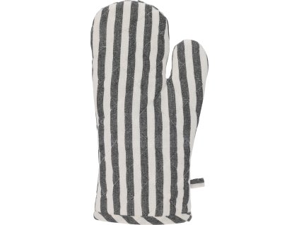 Kuchyňská chňapka s černými a bílými pruhy, s poutkem na zavěšení.