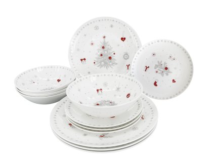 12dílná vánoční jídelní sada Luna Koleda – porcelán, obsahuje 4x mělký talíř ø 28 cm, 4x dezertní talíř ø 20,5 cm, 4x polévková miska ø 18,5 cm