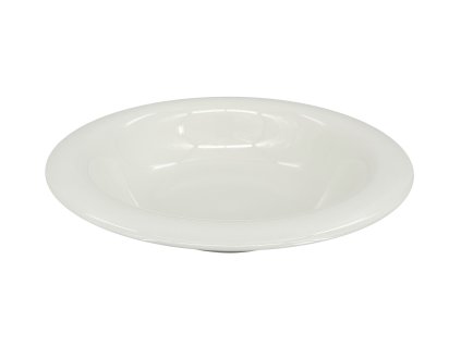 Hluboký bílý porcelánový talíř by inspire Bella, průměr 23 cm, s výrazným, zaobleným a širokým okrajem.