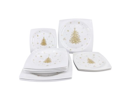 Porcelánová jídelní sada Zlatá Koleda 2025 s čtvercovými talíři – bílý porcelán se zlatým stromečkem, hvězdičkami a vločkami.