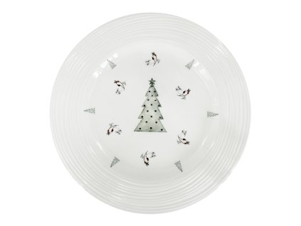 Porcelánový mělký talíř Croft Advent Berries, bílý porcelán s embosovaným okrajem, motiv zeleného vánočního stromku a větviček s červenými bobulemi.
