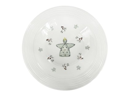 Porcelánový polévkový talíř Croft Advent Berries, bílý porcelán s embosovaným okrajem, motiv zeleného anděla a větviček s červenými bobulemi.