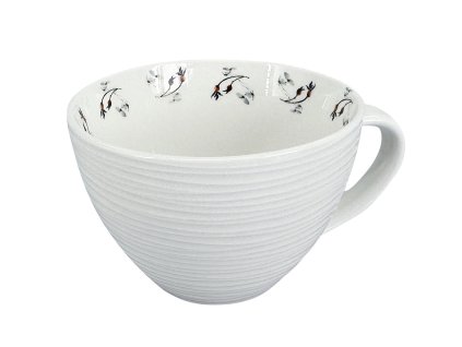 Porcelánový hrnek Croft Advent Berries, bílý porcelán s embosovaným vzorem a vnitřním dekorem větviček s červenými bobulemi.