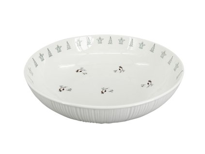 Porcelánová mísa Croft Advent Berries, bílý porcelán s embosovaným vzorem, motiv andělů a stromků po okraji a větviček s červenými bobulemi uprostřed.