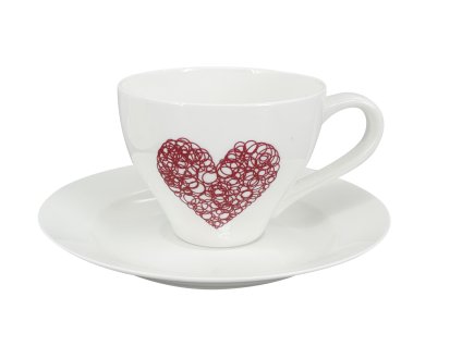Bílý porcelánový šálek s podšálkem Elano Heart B 200 ml s obrysovým červeným motivem srdce vytvořeným z křivek.
