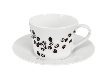 Bílý porcelánový šálek s podšálkem Verto Spice 150 ml s černobílým dekorem rozsypaných kávových zrn na přední straně.