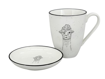 Set 2 ks: Kropenatý porcelánový hrnek 450 ml s kresbou hlavy Lamy A a čistě bílá mistička s černou linkou a malým motivem lamy.