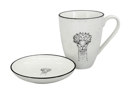 Set 2 ks: Kropenatý porcelánový hrnek 450 ml s kresbou hlavy velmi rozcuchané Lamy B a čistě bílá mistička s černou linkou.