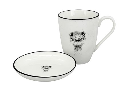 Set 2 ks: Bílý porcelánový hrnek 450 ml s černou linkou a zvědavým motivem hlavy Pštrosa a bílá mistička s motivem Pštrosa.