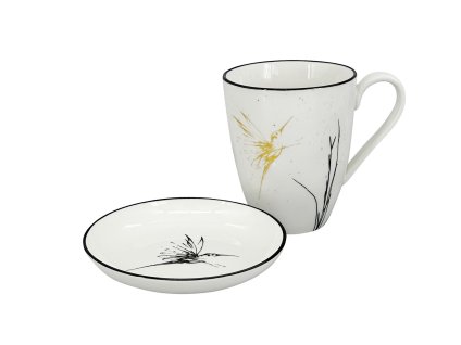 Set 2 ks: Kropenatý porcelánový hrnek 450 ml s dekorem zlatého kolibříka a čistě bílá mistička s černou linkou a malým černým kolibříkem.
