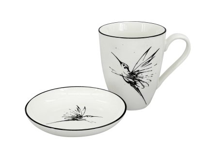 Set 2 ks: Bílý porcelánový hrnek 450 ml s černým kropenatým dekorem a motivem kolibříka a bílý podšálek/mistička s černou linkou.