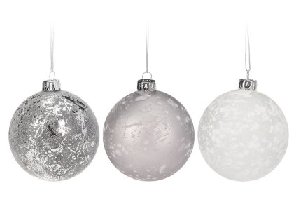 Set 3 ks skleněných vánočních koulí 8cm v bílé a stříbrné barvě s matným, mrazivým dekorem pro vánoční stromek.