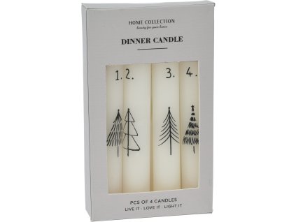 Sada čtyř vysokých krémově bílých adventních svíček s černými čísly 1. až 4. a různými ručně kreslenými motivy vánočních stromků v šedé krabičce.