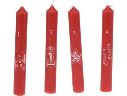 Sada čtyř vysokých červených adventních svíček s bílými čísly 1. až 4. a různými vánočními motivy (domeček, dárky, hvězda, punčochy).