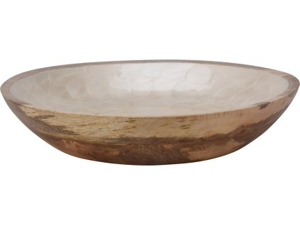 Velká dekorativní mísa o průměru 30 cm z mangového dřeva s krémovým vnitřním smaltováním s perleťovým leskem.