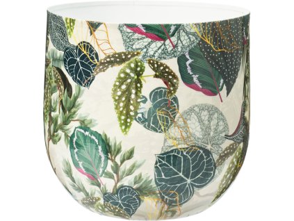 Kovový obal na květináč Tropico, větší ze sady, s výrazným potiskem tropických listů, průměr 26 cm.