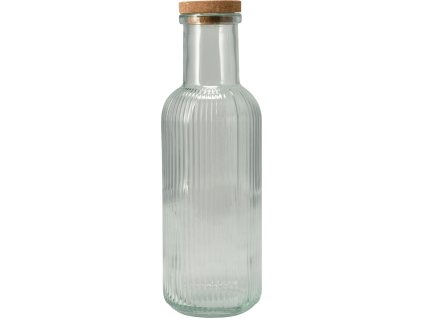 Čirá skleněná láhev s vertikálním rýhováním a korkovým víčkem, objem 1 litr.