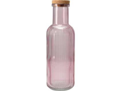 Růžová skleněná láhev 1l s vertikálním rýhováním a korkovým víčkem pro servírování nápojů.
