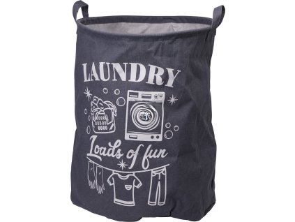 Plátěný skládací koš na prádlo v tmavě šedé barvě s bílým potiskem "LAUNDRY Loads of fun", motivem pračky a dvěma uchy nahoře.