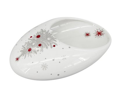 Keramická vánoční mísa by inspire Koleda Bean S, bílá s červeno-šedým dekorem vánočního stromku a sněhových vloček, vhodná na cukroví.