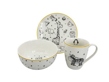 Třídílný dětský porcelánový jídelní set by inspire ZOO. Obsahuje talíř (19 cm), misku (14 cm) a hrnek (250 ml) s černobílým motivem zvířat ze ZOO (žirafa, zebra) a žlutou linkou.