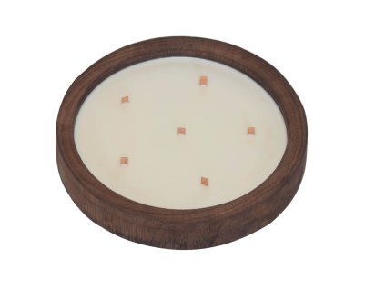 Velká svíčka ve dřevěné míse WoodGlow 28 cm, kulatá mísa z tmavě mořeného dřeva s bílým voskem a pěti čtvercovými knoty
