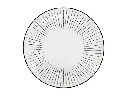 Mělký porcelánový talíř Linea Dash ø 27 cm s moderním černým grafickým dekorem přerušovaných čar na bílém podkladu.