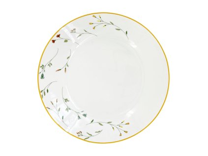 Hluboký porcelánový talíř Linea Botanic ø 20,5 cm, bílý s lučním květinovým dekorem soustředěným na vnější okraj a žlutým lemem.