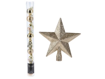 Set třpytivé zlaté hvězdy na vánoční stromek a průhledná tuba s 9 skleněnými vánočními ozdobami v různých zlatých odstínech, včetně koulí a figurek.