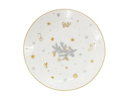 Bílý porcelánový dezertní talíř z kolekce Stříbrná Koleda s drobným motivem vánoční větvičky ve stříbrné a zlaté barvě.