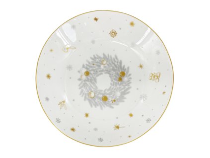 Bílý porcelánový hluboký talíř Stříbrná Koleda s motivem vánočního věnce a drobnými zlatými a stříbrnými detaily.