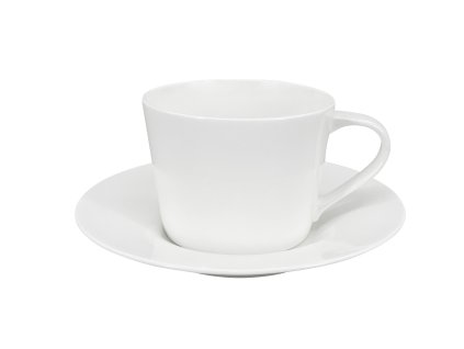 Bílý porcelánový šálek Verto o objemu 200 ml s elegantním podšálkem – moderní čtistý design s rozšířeným horním okrajem.