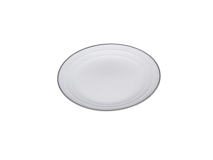 Bílý dezertní talíř Nostalgie v II. jakosti s tmavě šedým lemem a drobnými vadami glazury.