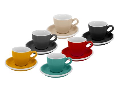Sada 6 kusů profesionálních silnostěnných espresso šálků Roma 75 ml v mixu šesti různých barev s podšálky.