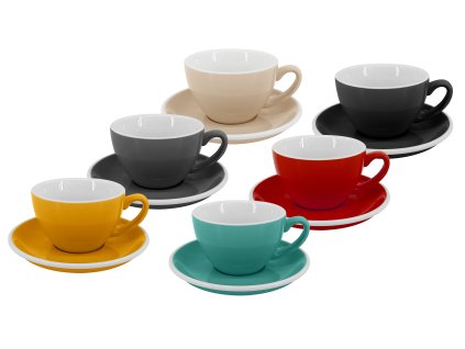 Sada 6 kusů profesionálních silnostěnných šálků na cappuccino Roma 180 ml v mixu šesti barev s podšálky.