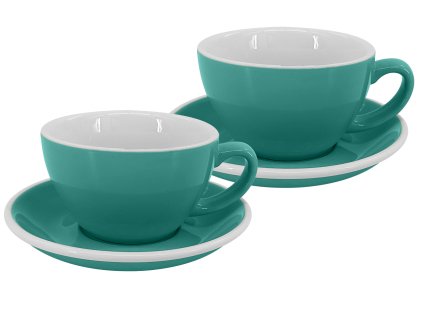Sada 2 kusů profesionálních tyrkysových silnostěnných šálků na caffè latte Roma 250 ml s podšálky.