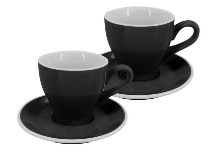 Sada dvou černých silnostěnných šálků na latte Milano 220 ml s podšálky, kónický moderní design, profesionální porcelán by inspire.