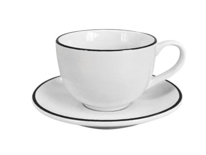 Zářivě bílý porcelánový cappuccino šálek s podšálkem Alba Black a elegantní černou linkou na okraji.