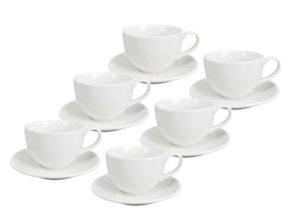 Sada 6 kusů čistě bílých porcelánových šálků na cappuccino s podšálky Alba v minimalistickém designu.