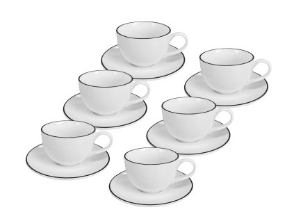Sada 6 kusů malých bílých porcelánových šálků na espresso s podšálky Alba Black a elegantní černou linkou.