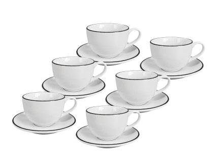 Set 6 kusů bílých porcelánových šálků na cappuccino s podšálky Alba Black a elegantní černou linkou.