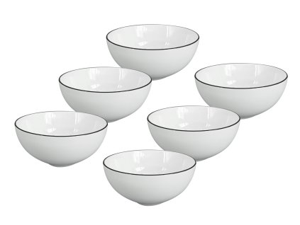Sada 6 kusů sněhobílých porcelánových misek Alba Black o průměru 15 cm s elegantní černou linkou na okraji.