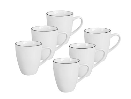 Set 6 kusů velkých bílých porcelánových hrnků Alba Black s elegantní černou linkou o objemu 350 ml.