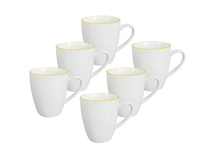 Sada 6 kusů velkých bílých porcelánových hrnků Alba Yellow s veselou žlutou linkou o objemu 350 ml.