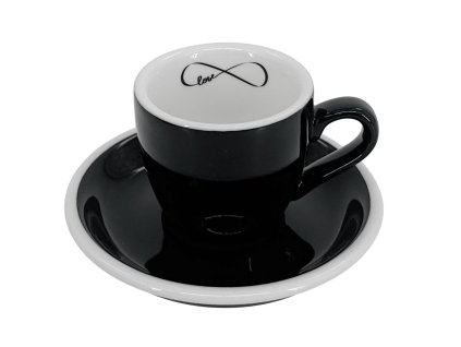 Malý černý silnostěnný šálek na espresso Roma 75 ml s vnitřním symbolem nekonečné lásky a podšálkem
