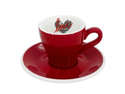 Červený kónický espresso šálek Milano 75 ml s vnitřním dekorem srdce a podšálkem, značka by inspire.
