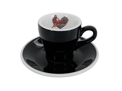 Černý kónický espresso šálek Milano 75 ml s vnitřním dekorem červeného srdce a podšálkem
