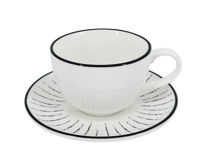 Sněhobílý porcelánový šálek na espresso Alba Dash s podšálkem a černým dekorem čárek.