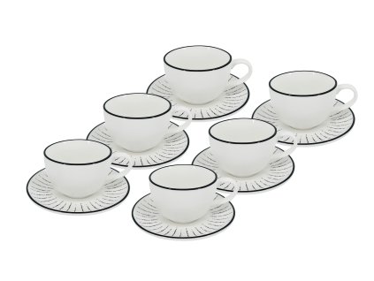 Sada 6 kusů malých bílých porcelánových šálků na espresso s černou linkou a podšálky s grafickým motivem paprsků Alba Dash.