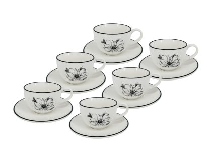 Sada 6 kusů malých bílých porcelánových šálků na espresso s podšálky Alba Dash Bloom zdobených černým motivem květiny a linkou.